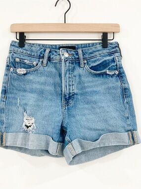 High-Rise Rolled Hem Distressed Denim Shorts - Light Blue